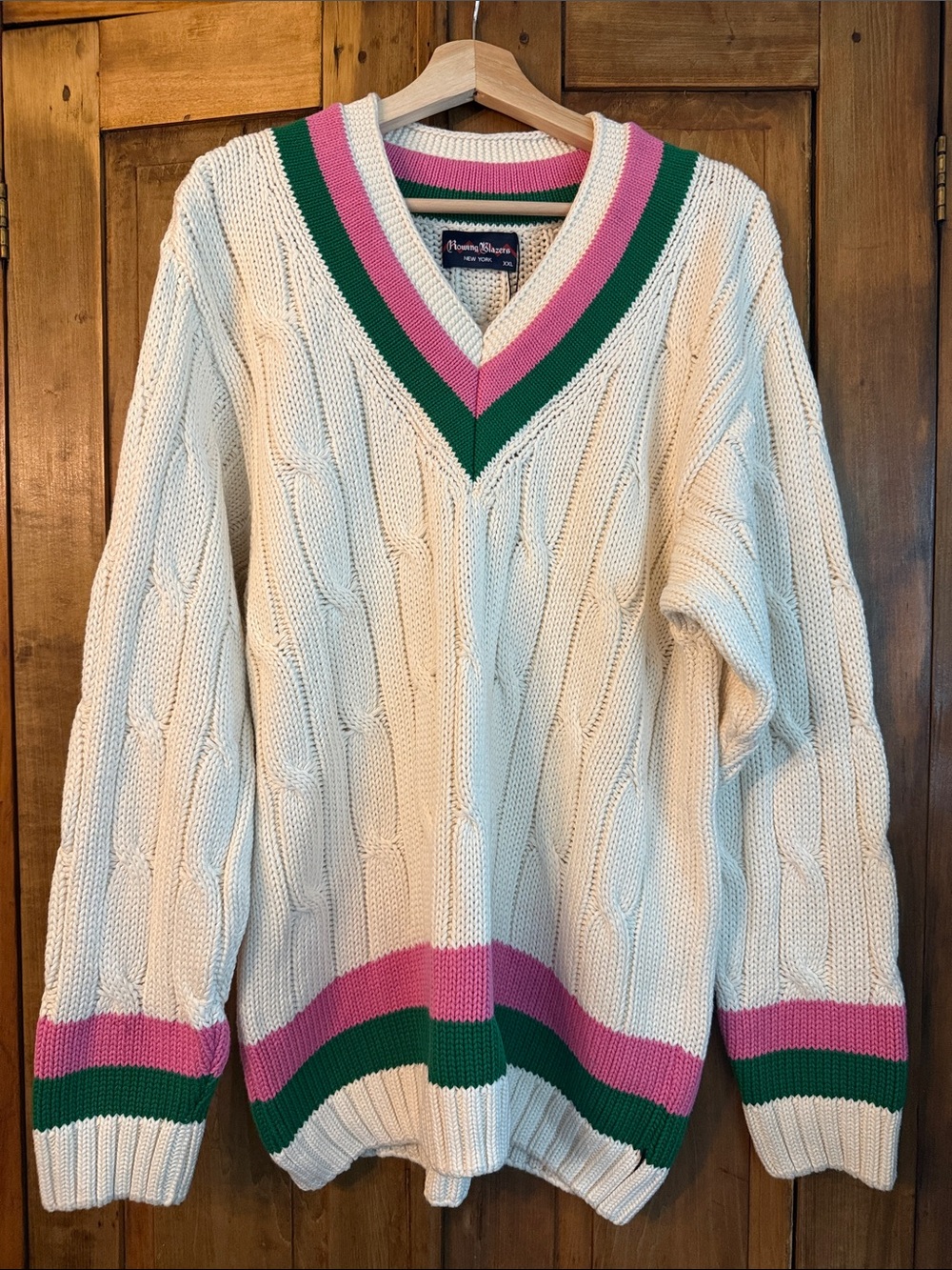 NWT Rowing Blazers XXL Cream V‑Neck Cable Knit Sweater with Pink & Green Trim